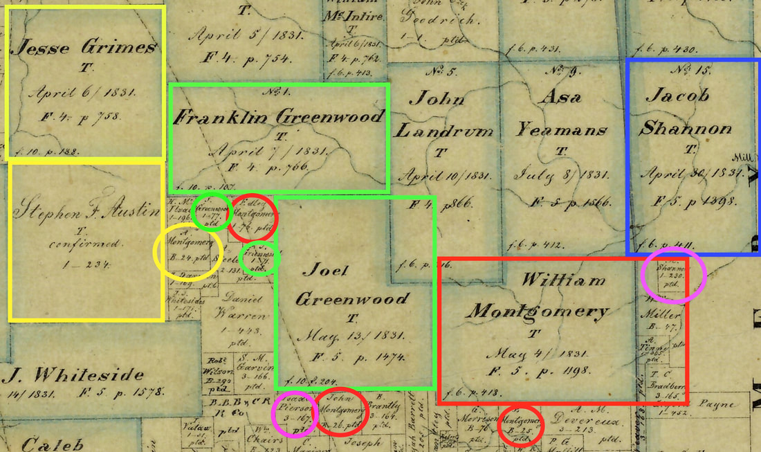 Andrew Montgomery did not receive the land circled in yellow from Stephen F. Austin
